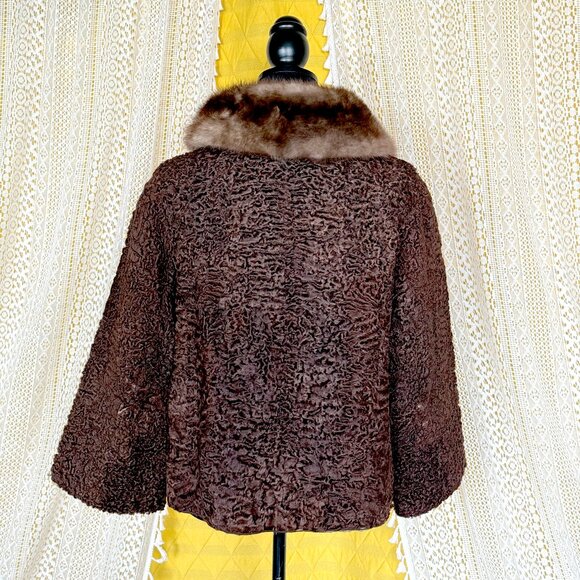 Vintage 60s Brown Persian Lamb Wool and Mink Fur Coat Size M-L - Picture 6 of 16
